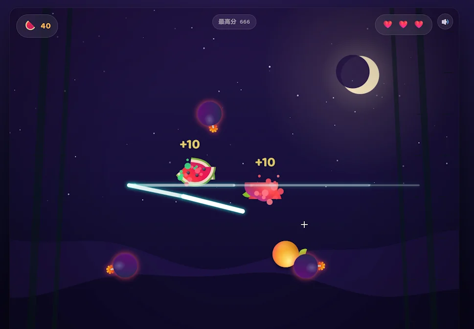 Gemini 3.6 Flash generated fruit slicing game running in browser — zero errors on first run
