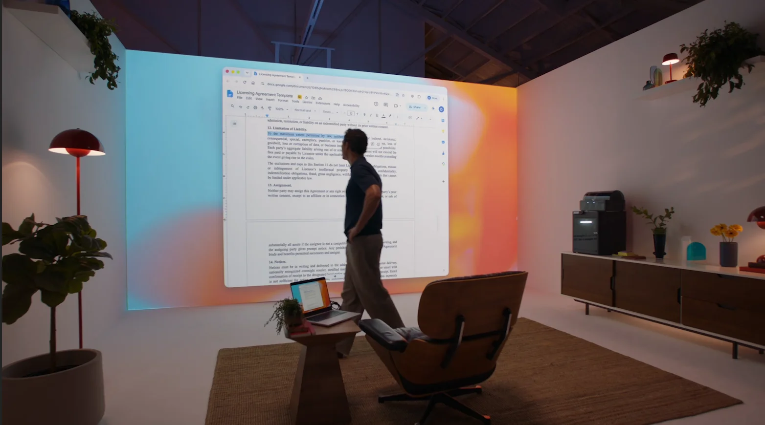 GPT-6 Astra operating documents: a licensing agreement template in Google Docs projected onto a wall for review