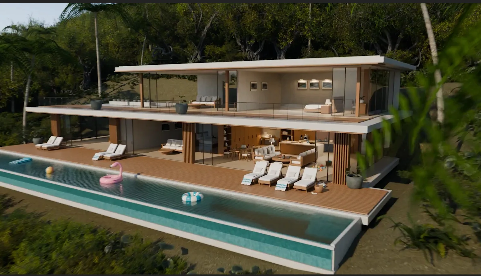 Modern two-story villa render generated by GPT-6 Astra with pool, timber deck, loungers and forest backdrop