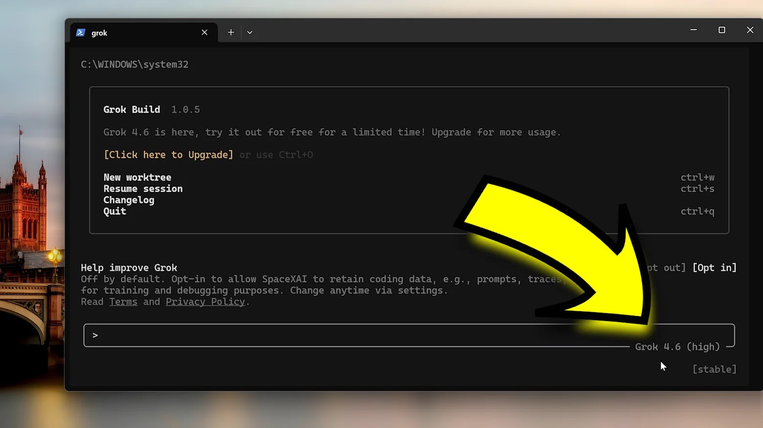 Grok Build 1.0.5 terminal: Grok 4.6 ready