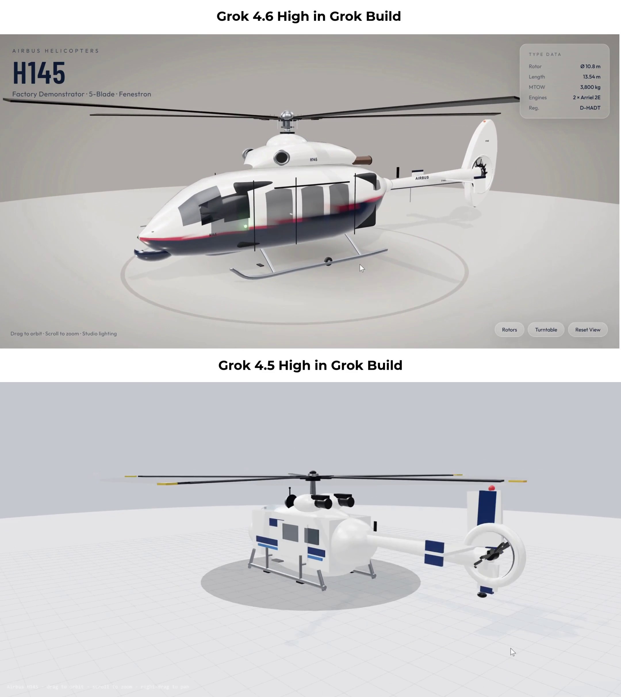 Grok 4.6 vs Grok 4.5 Airbus H145 3D comparison: 4.6 has far more detail