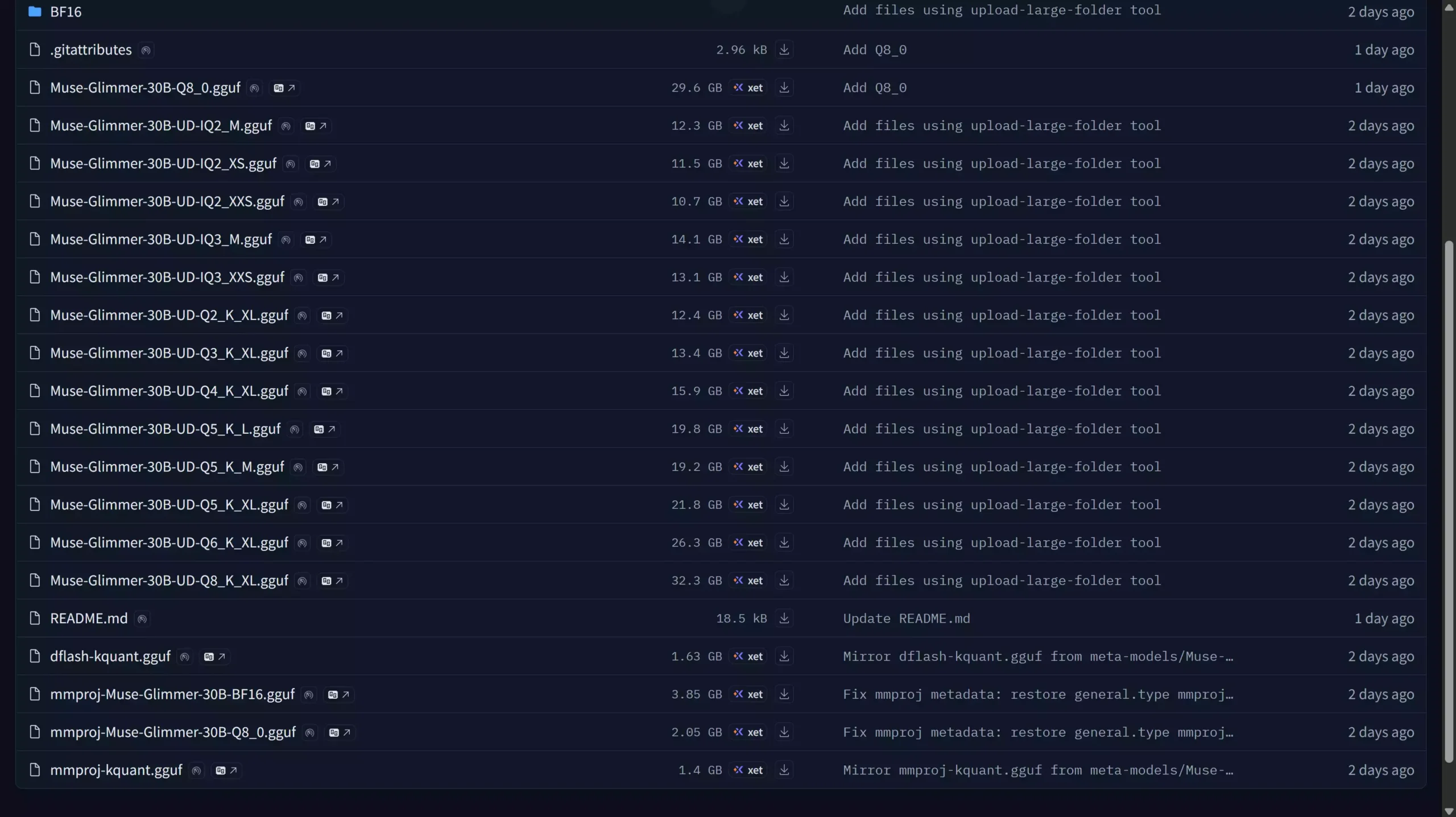 Muse-Glimmer 30B available GGUF quantized versions and their sizes