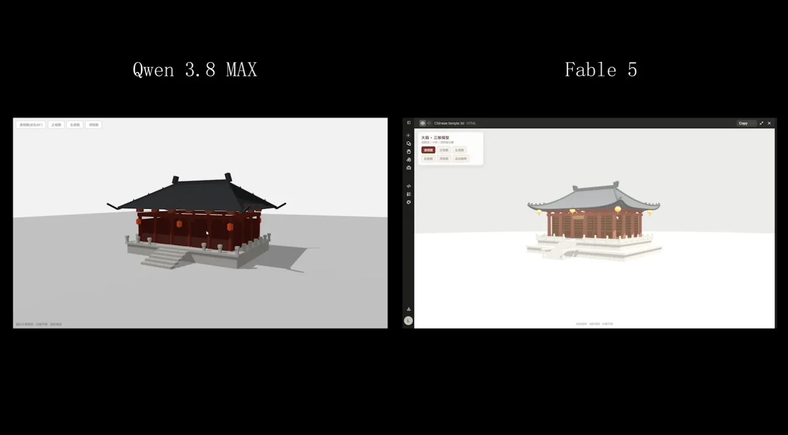 Qwen 3.8 (left) vs Fable 5 (right) 3D building reconstruction โ Fable 5 shows better proportions and detail