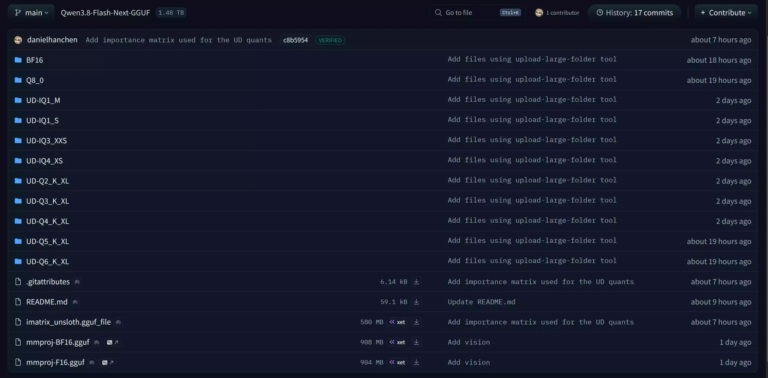 Hugging Face repo page: full GGUF quant ladder from 1-bit to BF16