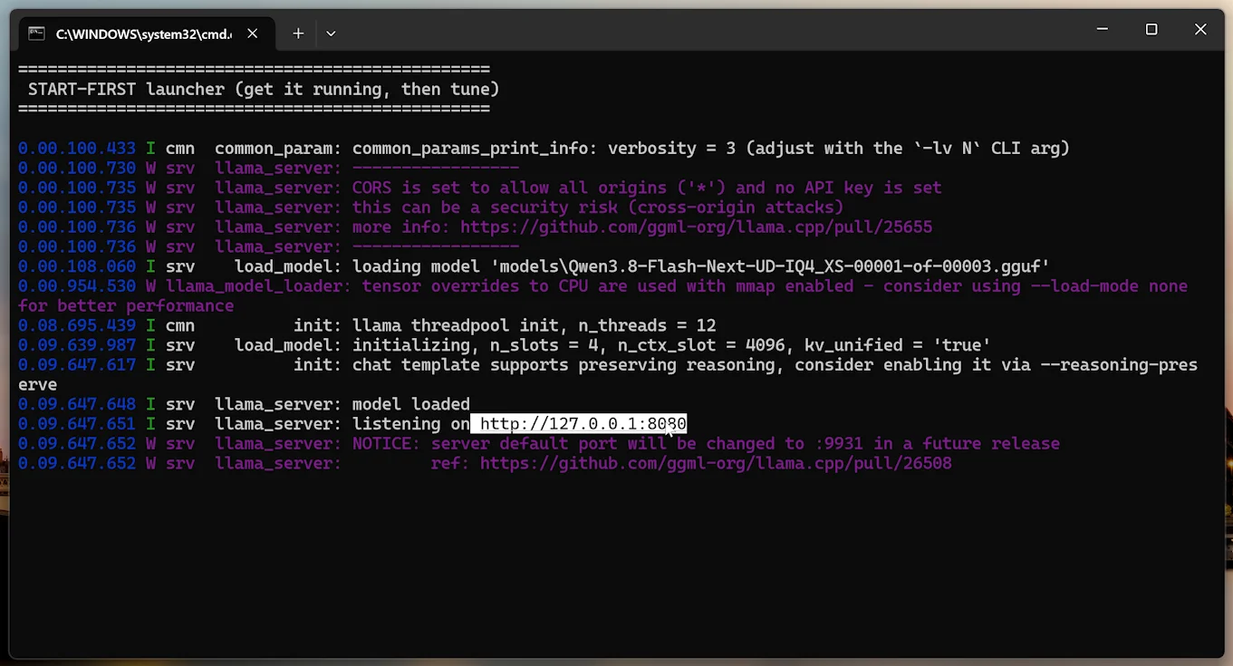 Launcher screen: START-FIRST launcher, llama_server listening on 127.0.0.1:8080, model loaded with mmap to CPU