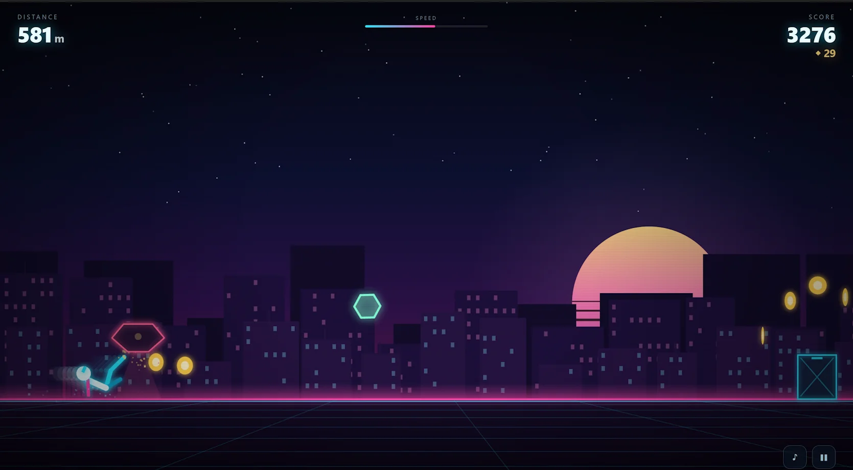 Neon Pulse gameplay: cyberpunk-style city nightscape, distance 581m, score 3276